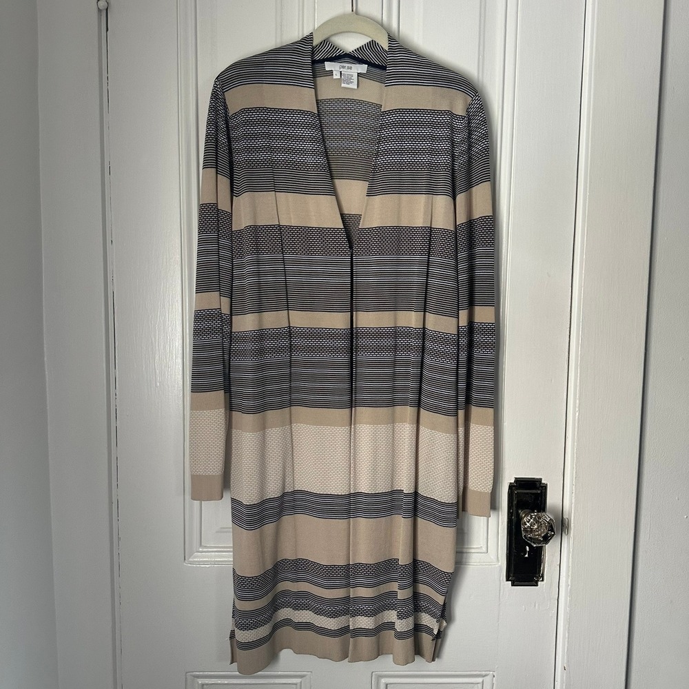 Striped Duster Cardigan Sweater Longline‎ Tan Black Knit